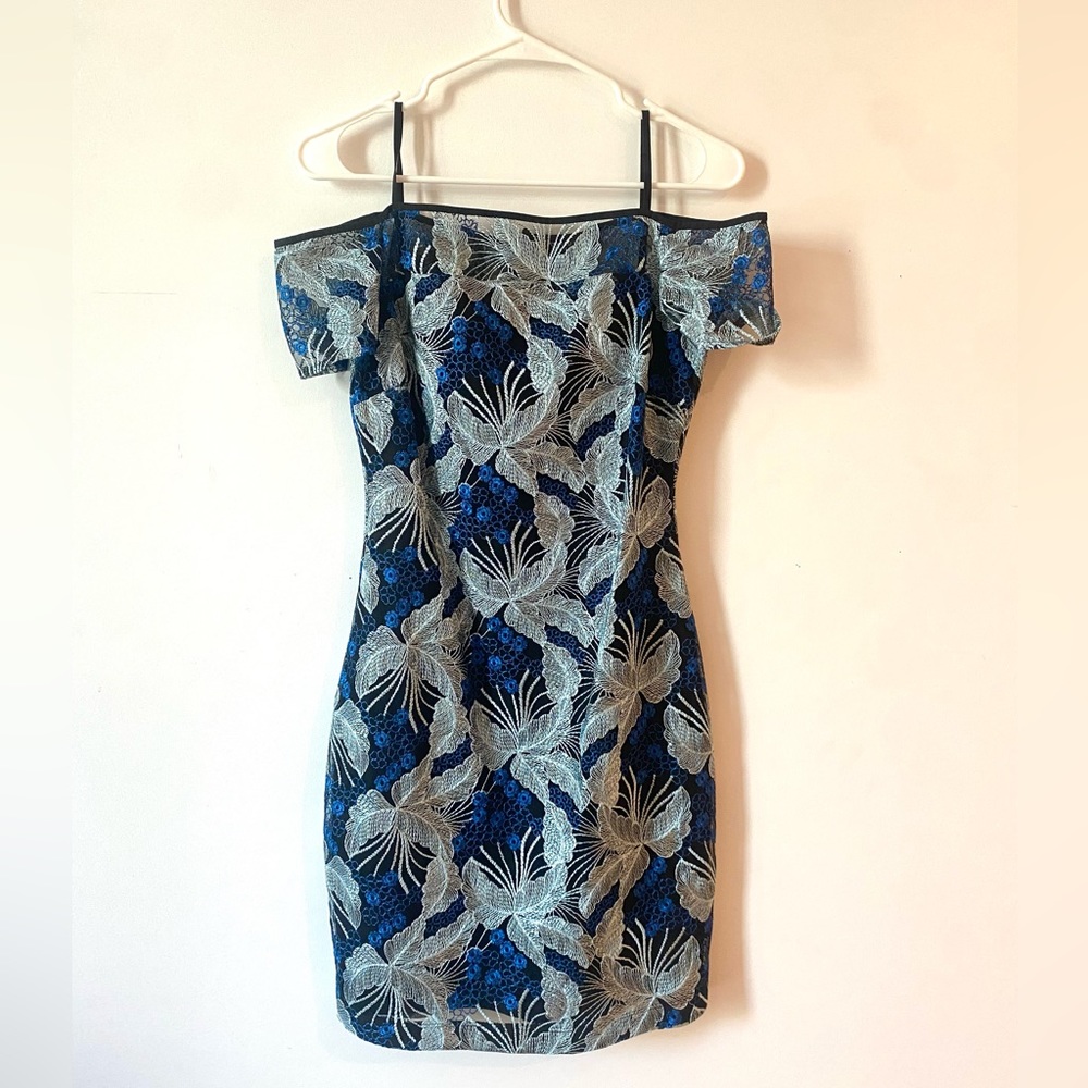 GUESS lace overlay off the shoulder cocktail dress